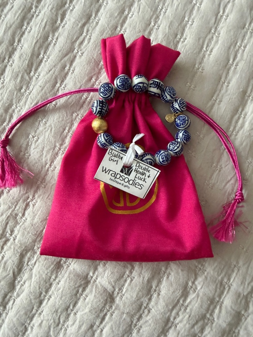 Buddha Blue & White Double Health & Luck Beaded Bracelet w/ Gold Accent NWT ❤️ - Picture 4 of 4